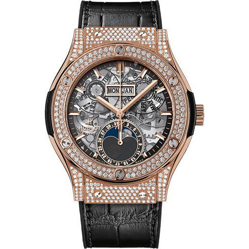 Hublot Classic Fusion Aerofusion Moonphase King Gold Pave Watch - 42 mm - Sapphire Dial - Black Rubber and Leather Strap-547.OX.0180.LR.1704