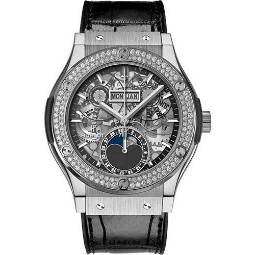 Hublot Classic Fusion Aerofusion Moonphase Titanium Diamonds Watch - 42 mm - Sapphire Dial - Black Rubber and Leather Strap-547.NX.0170.LR.1104