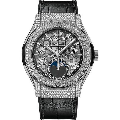Hublot Classic Fusion Aerofusion Moonphase Titanium Pave Watch - 42 mm - Sapphire Dial - Black Rubber and Leather Strap-547.NX.0170.LR.1704