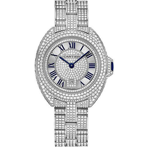 Cartier Cle De Cartier Watch - 31 mm White Gold Diamond Case - Diamond Bezel - Silver Diamond Dial - HPI00980