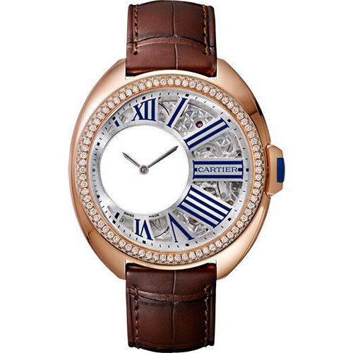 Cartier Cle de Cartier Mysterious Hours Watch - 41 mm Pink Gold Diamond Case - Silvered Openworked Grid Dial - Brown Alligator Strap - HPI00945