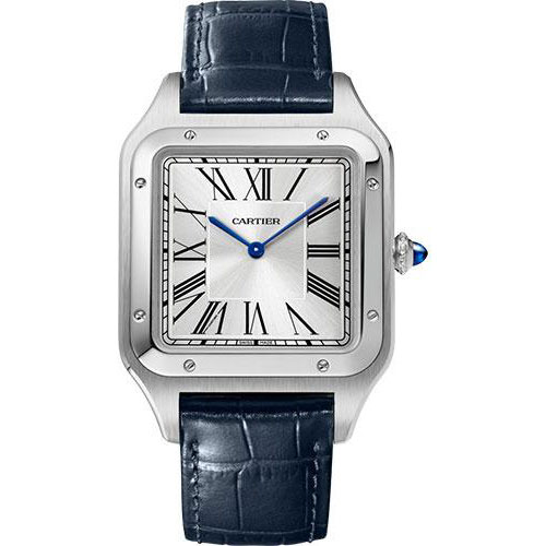 Cartier Santos-Dumont Watch - 46.6 mm x 33.9 mm Steel Case - Silver Dial - Navy Blue Leather Strap - WSSA0032