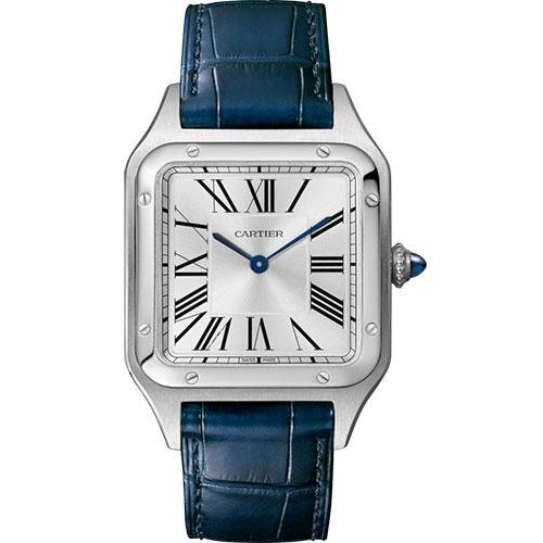 Cartier Santos-Dumont Watch - 43.5 mm Steel Case - Silver Dial - Navy Blue Strap - WSSA0022