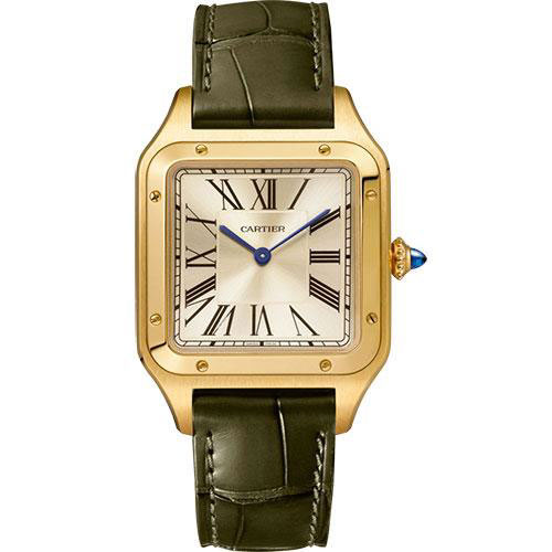 Cartier Santos-Dumont “La Baladeuse” Watch - 43.5 mm x 31.4 mm Yellow Gold Case - Champagne Dial - Green Patina Leather Strap - WGSA0027
