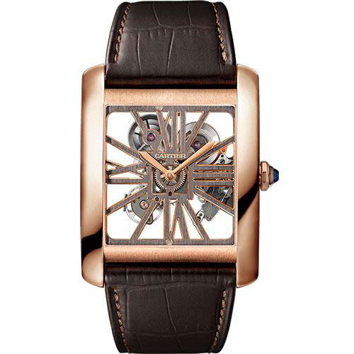 Cartier Tank MC Watch - 34.5 mm Pink Gold Case - Pink Gold Case Bezel - Skeleton Dial - Brown Alligator Strap - W5310040